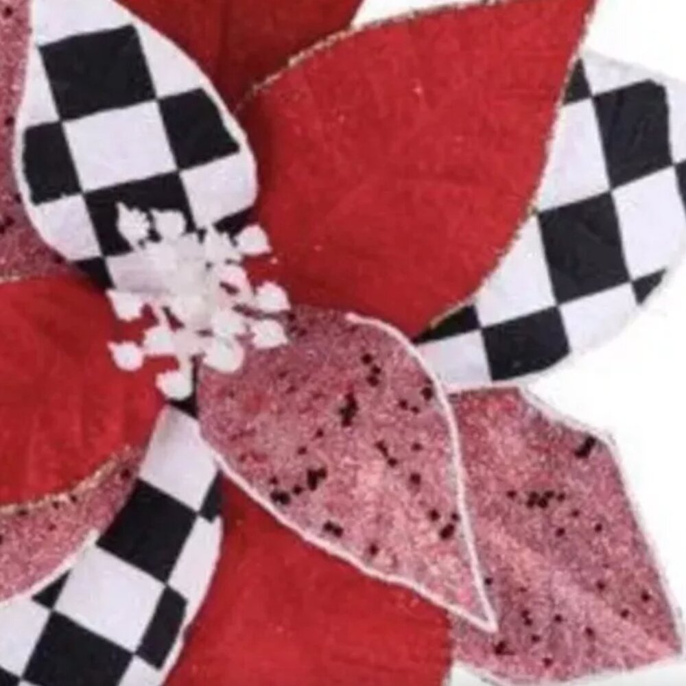 Velvet with Check Christmas Poinsettia Flower Stem Pick Holiday Craft Supplies - Picture 2 of 4